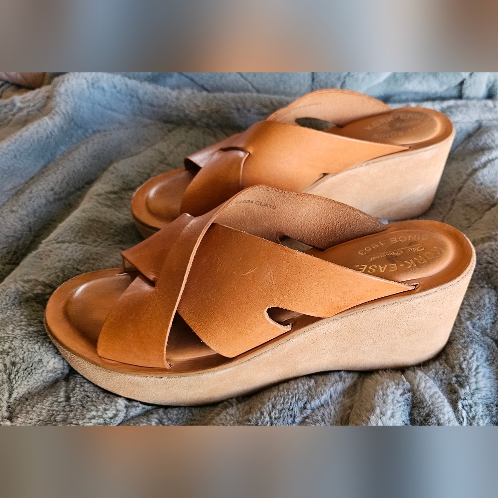 Kork-Ease leather wedge sandals, size 10/42 natural leather color, camel.